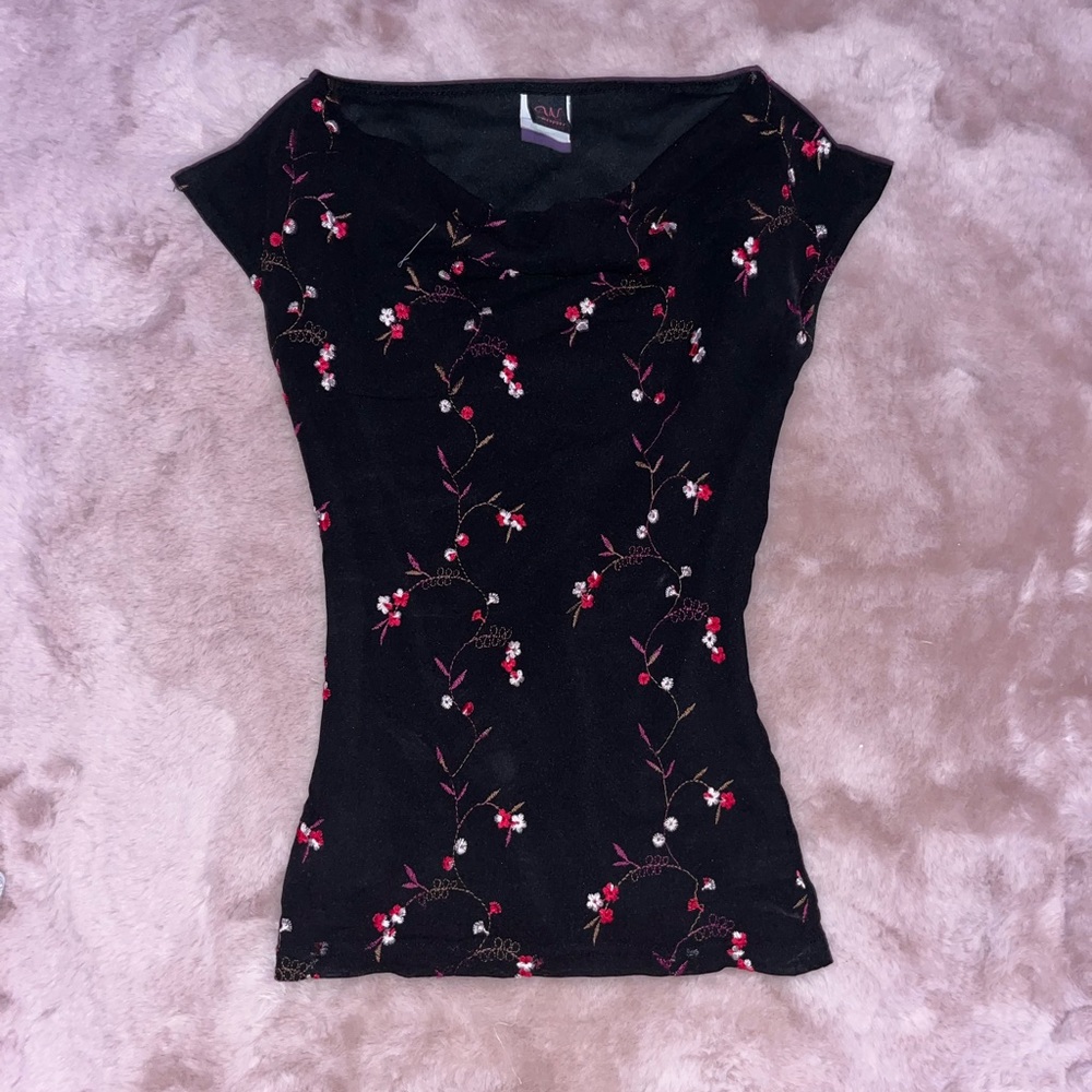 Owl neck black formal mesh shirt with embroidered flowers!